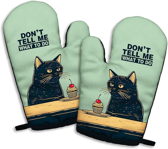 Don't Tell Me What to do, Funny Silicone Non-Slip Oven Mitts Sets of 2, Retro Baking Mitts, Bake Lover Gift, Cat Lover Gift, Kitchen Gift for Cat Owner