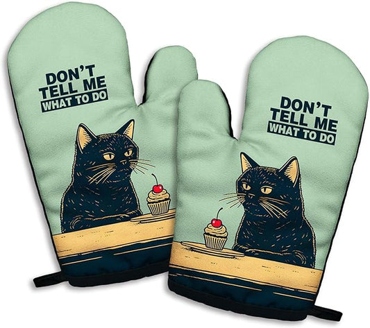 Don't Tell Me What to do, Funny Silicone Non-Slip Oven Mitts Sets of 2, Retro Baking Mitts, Bake Lover Gift, Cat Lover Gift, Kitchen Gift for Cat Owner