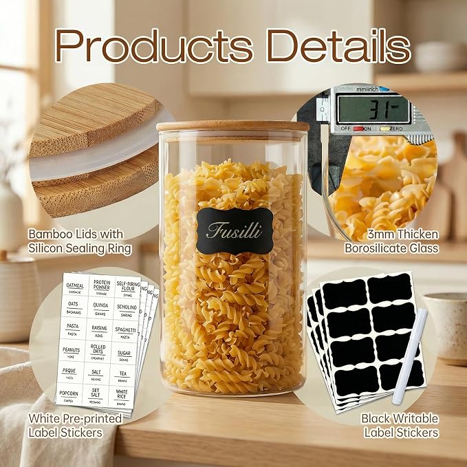 Round Glass Storage Containers with Bamboo Lids for Pasta & Flour, 5 Pack | Airtight Pantry Jar for Flour, Sugar & Rice, Durable Borosilicate Glass Canisters Keep Food Dry & Fresh, Easy to Fill & Clean