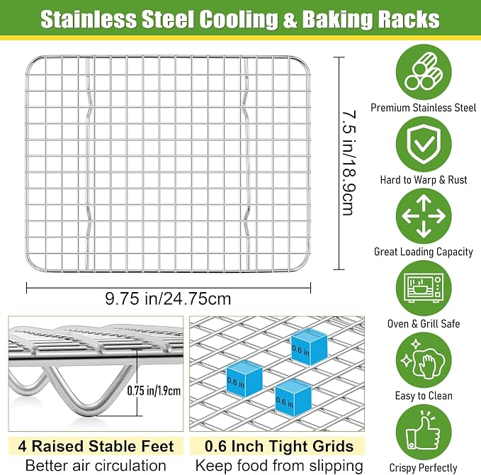 Homikit 9.75"x7.5" Stainless Steel Cooling Rack Set Fit 10x8 Inch Sheet Pan | 2 Pack Small Baking Wire Racks, Oven Bacon Rack for Cookie Bread Pizza, Metal Grilling Grids, Rust Free, Dishwasher Safe
