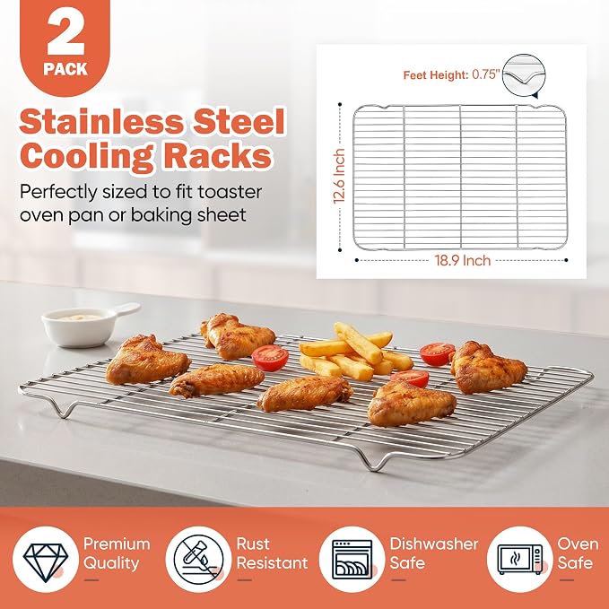 Homikit 2 Pack Cooling Racks, 18.9 * 12.6 Inch XL Stainless Steel Baking Rack for Cooking | X-Large Roasting Grilling Rack Set for Bacon Bread Cookie, Oven Wire Rack Fit Large Sheet Pan, Heavy Duty & Dishwasher Safe