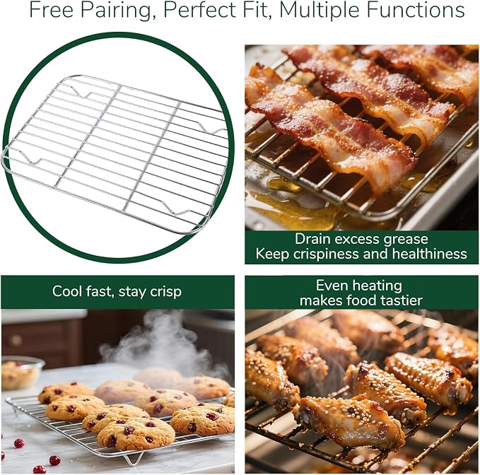 18/0 Stainless Steel Baking Sheet with Cooling Rack, 17.3 Inch Oven-Safe Non-Toxic Cookie Sheets for Baking, Coating Free & Rust Resistant for Healthy Family Baking, Easy to Clean, Heavy Duty