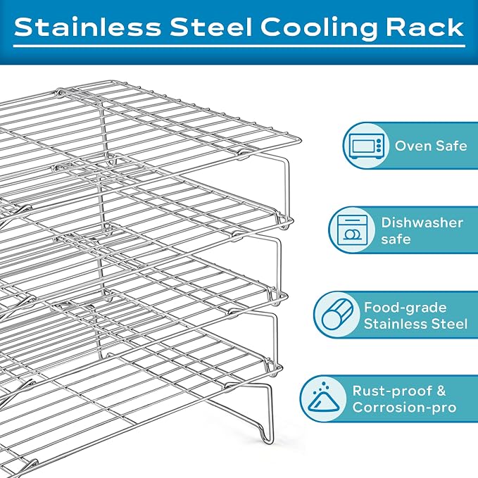 Leonyo 4-Tier 15x10IN Stackable Cooling Racks for Cooking Baking | Stainless Steel Wire Cooking Racks, Collapsible Cookies Cooling Racks for Pizza with Raised Legs, Dishwasher Safe