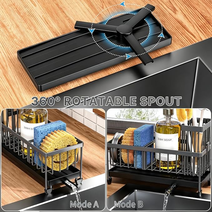 Cisily Sponge Holder for Kitchen Sink, Sink Caddy Organizer with High Brush Holder, Kitchen Countertop Organizers and Storage Essentials, Rustproof 304 Stainless Steel (Dark Grey, 9.25″)