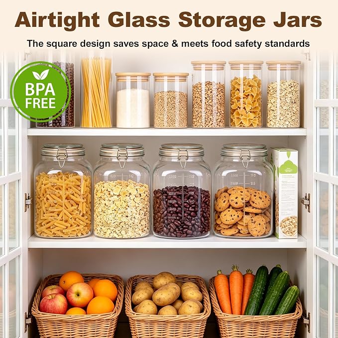 2 Pack 1.1 Gallon Square Super Wide Mouth, Airtight Glass Storage Jars, with Measurement Marks, Leak-Proof Lids for Kitchen Pantry, Canning, Dry Food (Flour, Sugar) & Drinks