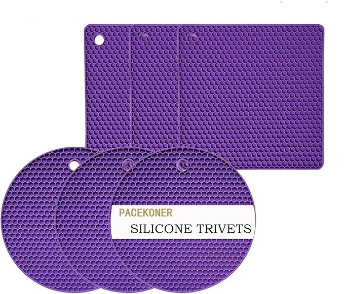 6-Pack Silicone Trivet Mats, Heat Resistant Hot Pads, Dishwasher Safe Kitchen Mats, BPA-Free Pot Holders for Table, Countertop, Stove, Honeycomb Design (Purple, 7” Square/Round)
