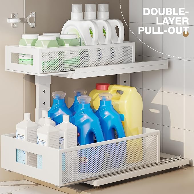 2 Pack Under Sink Organizer With Next-Gen Ball-Bearing Slides,2-Tier Pull Out Cabinet Storage,Height Adjustable Drawer Shelf for Bathroom,Kitchen,Laundry,Cabinet,Pantry(Patent Pending)