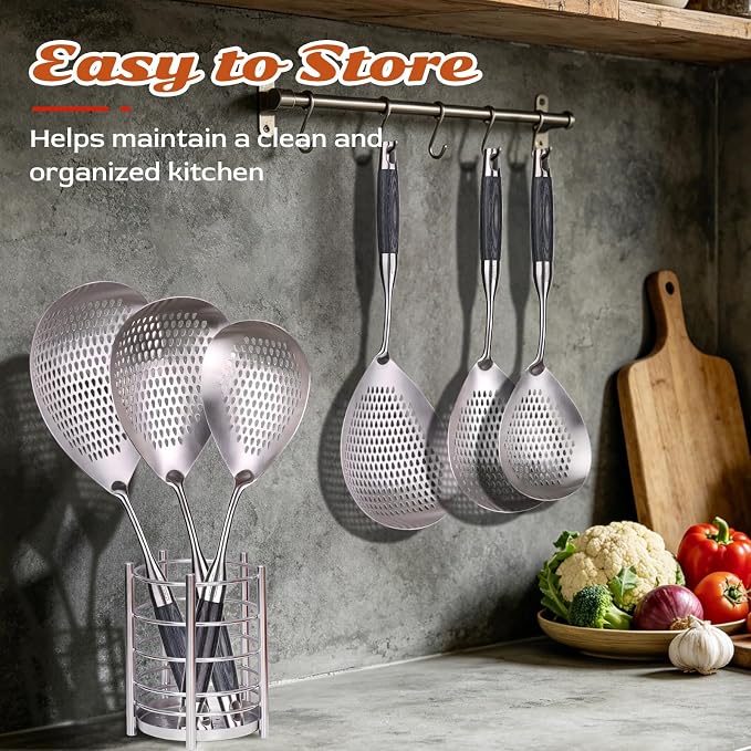 MARTE Skimmer Slotted Spoon,304 Stainless Steel Pasta Spider Strainer Ladle for Frying and Cooking,Set of 2 Kitchen Colanders & Food Strainers，Serving Spoon with Heat-Resistant Solid Wood Handle