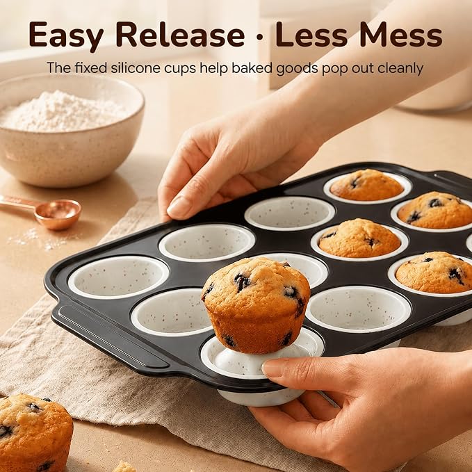 2 Pack Silicone Muffin Pans for Baking, 12-Cup Muffin Tin with Metal Frame | 2 Pack value, 12-Cup muffin pans, Reinforced metal frame, Easy release cups, Nonstick silicone, Oven & dishwasher safe