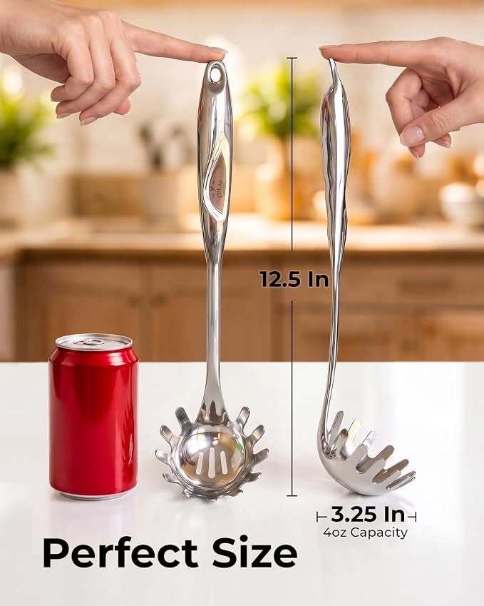 Zulay Kitchen Stainless Steel Pasta Spoon - 12” Spaghetti Server with Teeth & Draining Holes - Rust-Resistant Pasta Fork for Noodles & Pasta - Dishwasher Safe Utensil for Everyday Use