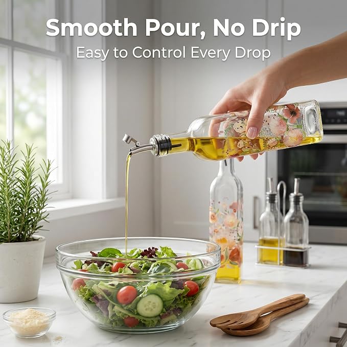 Topadorn 2-Pack Glass Olive Oil Dispenser Bottles with Stainless Steel Spout – 17oz Leak-Resistant Set for Kitchen, Oil & Vinegar Pourer