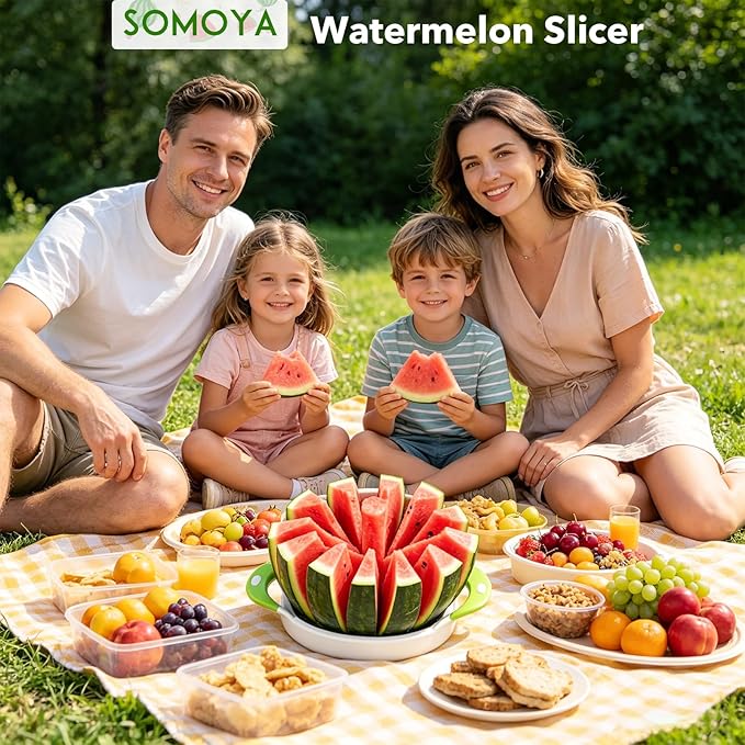 SOMOYA Extra Large Stainless Steel Watermelon Slicer for Home Kitchen | Silicone Handle,Cuts Watermelon,Cantaloupe, Pineapple Dishwasher safe,11inch large Size for Camping,Party & Catering Picnic