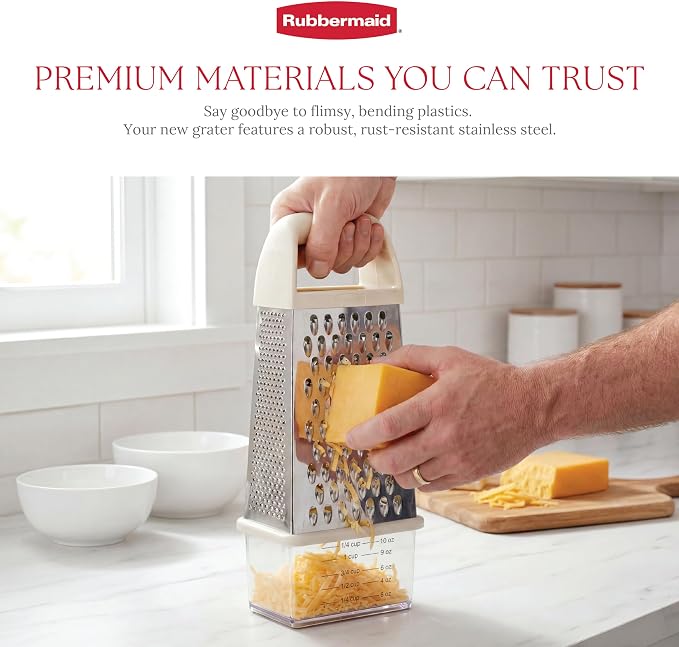 Rubbermaid EZ Grip Box Grater, Stainless Steel Cheese Grater & Container - BPA Free Multi-Surface Cheese Shredder & Food Grater Coconut Milk | Graters for Kitchen -Non-Slip Base, Dishwasher Safe