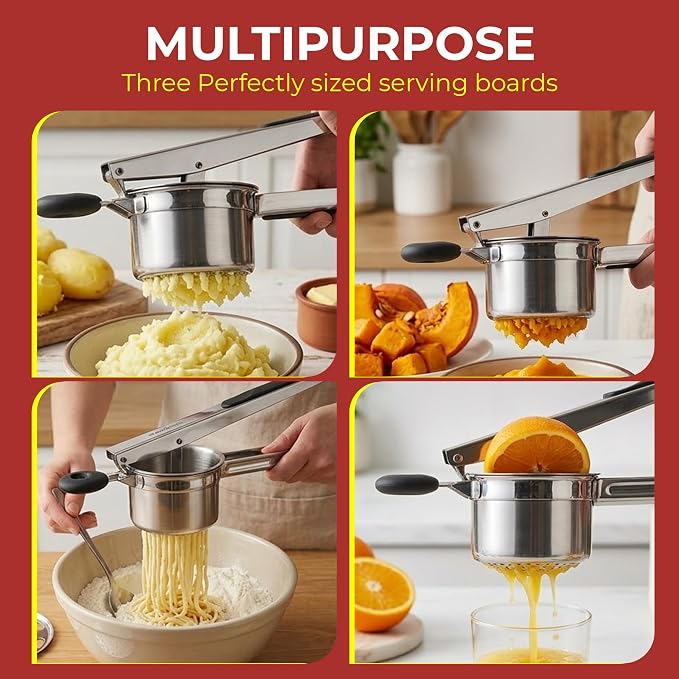 Large Potato Ricer – 304 Stainless Steel Masher & Press with 3 Discs, Reinforced 0.7mm Thick Cup, Ergonomic Silicone Grip, for Smooth & Fluffy Mashed Potatoes