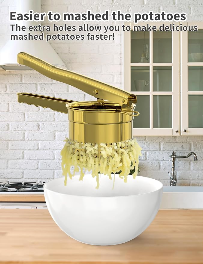 Livilord Large 15oz Potato Ricer, Heavy Duty Stainless Steel Ricer for Mashed Potatoes, Sweet Potato Masher Kitchen Tool with Ergonomic Handle, Press and Mash Kitchen Gadget, Gold