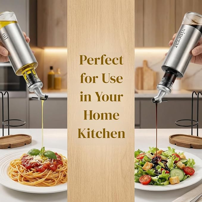 Tebery 2 Pack Olive Oil and Vinegar Bottle Set with Rack and Wooden Base, 10OZ Olive Dispenser Glass Cooking Oil Cruet Bottles with Pourers and Funnel for Kitchen