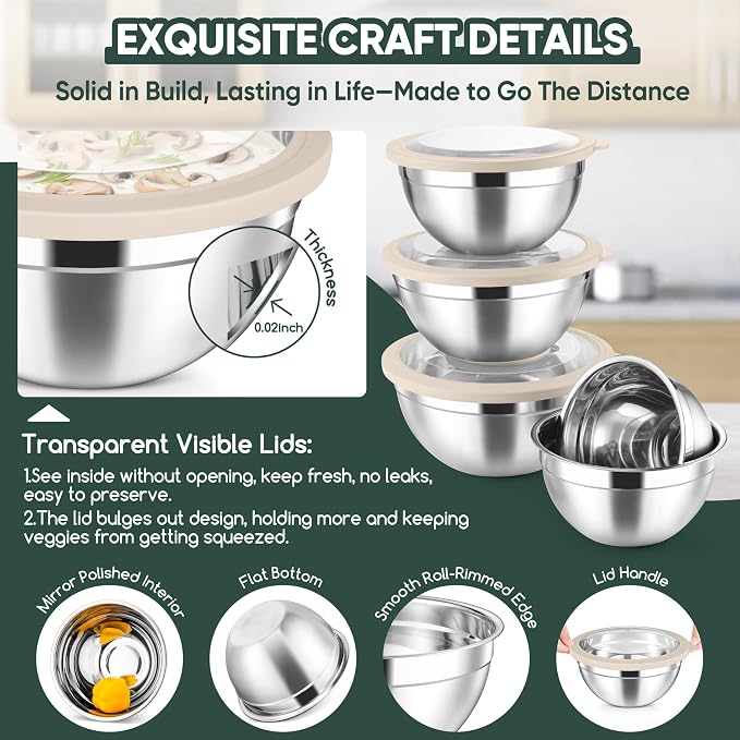 Herogo 5-Piece Mixing Bowls with Airtight Clear Lids, 3 Grater Attachments, Stainless Steel Salad Bowls for Kitchen, Size 4.6, 3.5, 2.5, 2, 1.5QT Ideal for Baking, Prepping and Serving, Khaki