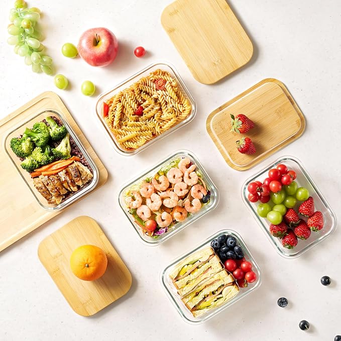 Vtopmart 5 Pack Glass Food Storage Containers with Bamboo Lids, 35oz | Reusable Meal Prep Containers for Leftovers, Lunch & Kitchen Storage, Microwave, Dishwasher Safe Glass Food Containers