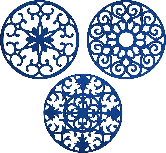 GASARE, Extra Large, Thick, 10" Silicone Trivets for Hot Dishes, Pots, and Pans, Hot Pads for Countertops, Flexible, Dishwasher Safe, 10 x ¼ Inches, Set of 3, Blue