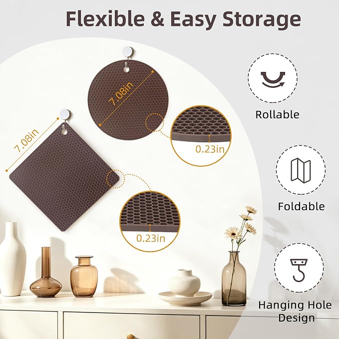 TWTLi Silicone Trivets for Hot Dishes, Set of 4 Trivet Mats, Heat Resistant Hot Pads for Kitchen Countertops, Non-Slip Honeycomb Pot Holders & Counter Protectors for Hot Pots & Pans (Coffee)