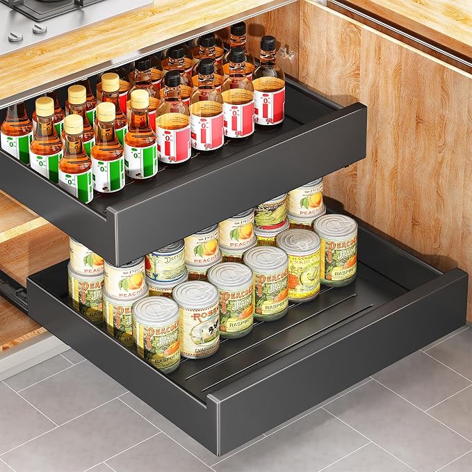 Pull Out Cabinet Organizer with Nano Adhesive, Heavy Duty Full-Extension Slide-Out Drawer for Kitchen Cabinet Organizers and Storage, No Drill Roll out Pantry Shelf, 18.5"W x 16.9"D x 3.1"H , Black
