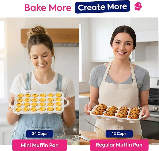 2 Pack Silicone Muffin Pans for Baking with Metal Reinforced Frame - Regular 12 Cup Silicone Muffin Pan & 24 Cup Mini Cupcake Pans - Silicone Cupcake Pan Set - Oven & Dishwasher Safe, BPA-Free