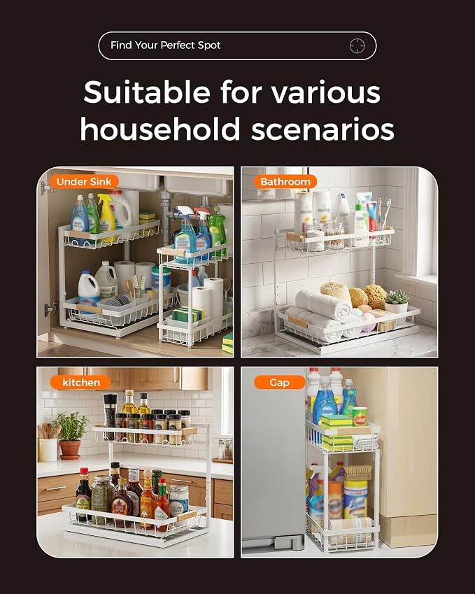 2-Pack 2-Tier Height Adjustable Under Sink Organizer & Storage | Multi-purpose storage for kitchen & bathroom cabinet. Extra Large white shelf, height adjustable design for space-saving.