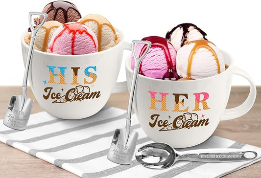 Hexagram His And Hers Gifts, Anniversary Couples Gifts Set Ice Cream Bowl | Set Ice Cream Bowl With Scoop&Shovel Spoon, Valentine's Day Young Couples Gift, His And Hers, Valentines Day