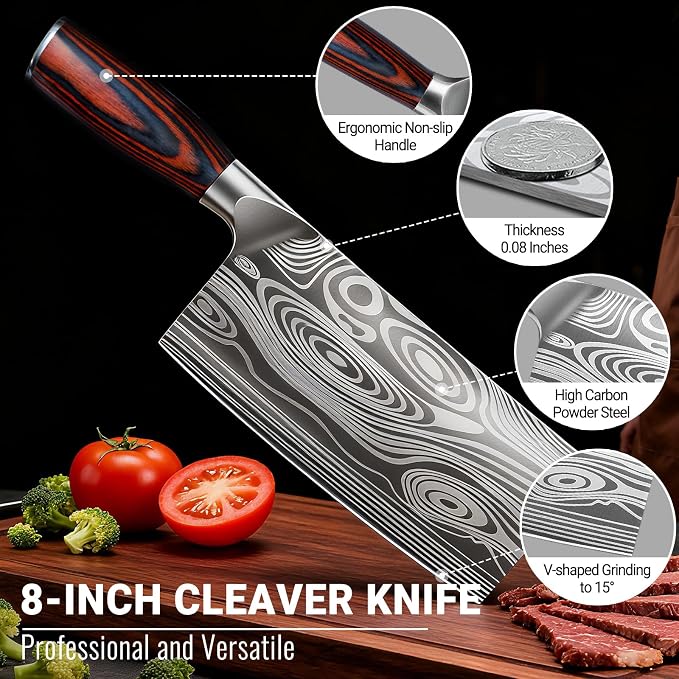 Meat Cleaver Knife Ultra Sharp Kitchen Knife 8 Inch, High Carbon Stainless Steel Butcher Knife with Wooden Handle, Chinese Cleaver for Meat Cutting Vegetable Slicing Perfect Birthday Gifts