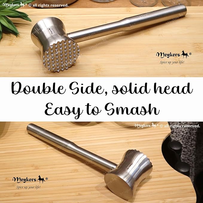 Meykers Meat Tenderizer Mallet | 304 Stainless Steel | Dishwasher Safe | Meat Pounder Hammer Flattner Beater | Kitchen Tool for Steak Chicken Poultry Food | Ablandador de Carne Martillo para Carne