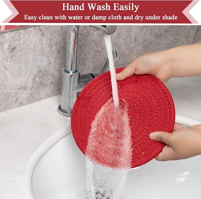 SHACOS 8 Inches Trivets for Hot Dishes, 4 Pieces Cotton Trivets Mats for Kitchen, Hot Pads for Countertops and Table, Heat-Resistant Pot Holders for Hot Pots and Pans(Red, 4pcs)