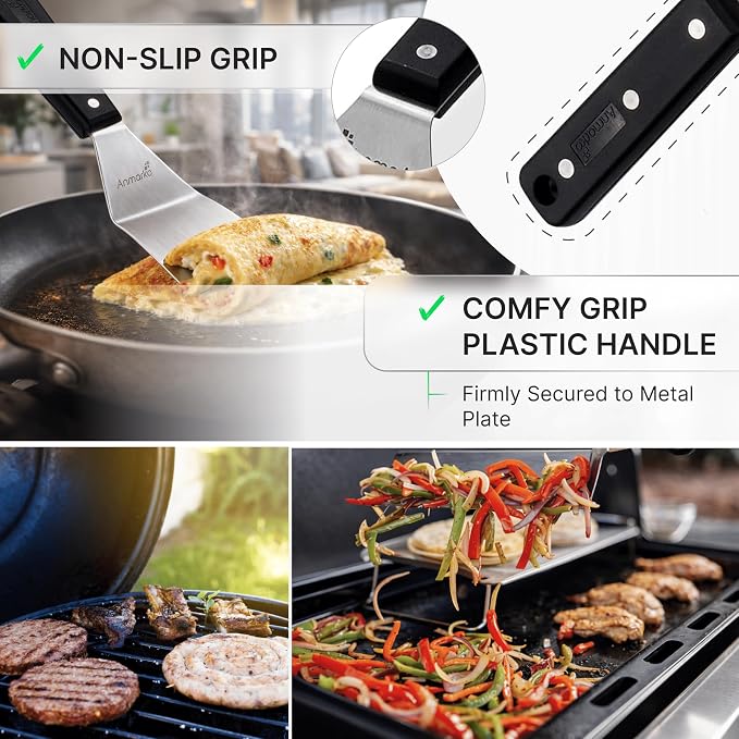 Stainless Steel Spatula Set - Heavy Duty Spatula and Scraper - Great for Cast Iron Griddle BBQ Flat Top Grill - Commercial Grade
