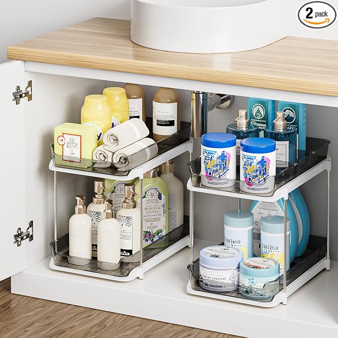Delamu 2-Tier Multi-Purpose Bathroom Under Sink Organizers and Storage, Stackable Kitchen Pantry Organization, Pull Out Medicine Cabinet Organizer with Movable Dividers, Black, 2 Pack