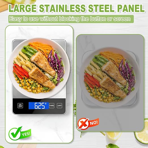 Digital Kitchen Scale, 33lb Food Scale Precisely Measures Grams and Ounces for Baking, Cooking, and Meal Prep, Rechargeable 304 Stainless Steel with LCD Display, Batteries and USB Charging Included
