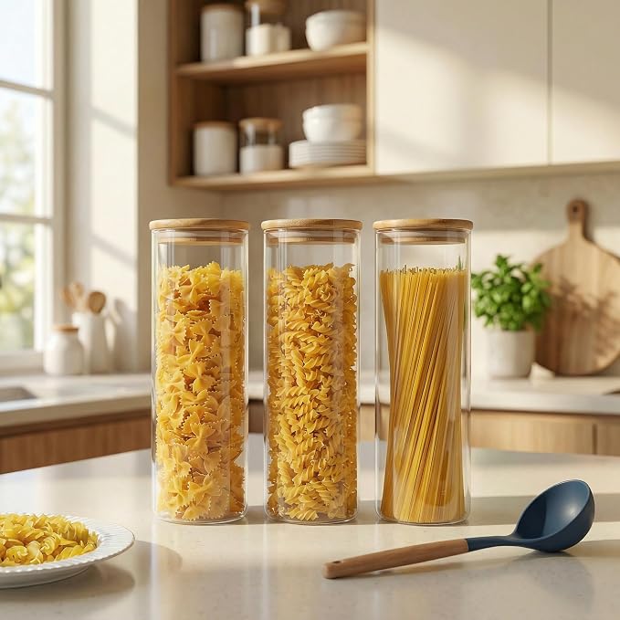 79oz Tall Glass Pasta Storage Containers with Airtight Bamboo Lids, 3 Pack | Pantry Jars for Pasta, Rice, Sugar & Flour, Durable Borosilicate Glass Canisters Keep Food Dry & Fresh, Easy to Fill & Clean