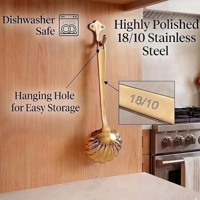 Gold Soup Ladle Set of 2, Premium 18/10 Stainless Steel Sauce Ladle with Artistic Shell-Shaped Design, 9-Inch Small Ladle for Serving Soup, Gravy and Sauce, Mirror Polished, Dishwasher Safe