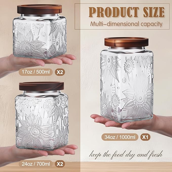 5 Pcs Sunflower Vintage Glass Jars with Bamboo Airtight Lid 17/24/34 oz Glass Food Containers Storage for Kitchen Counter Pantry Sugar Flour Coffee Tea Candy Oats Cereal(Square)