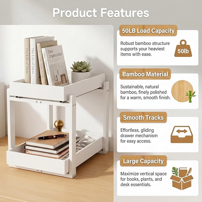 Bamboo Under Sink Organizer Adjustable Height 2 Tier Bathroom Organizer Pull Out Cabinet Storage Kitchen Heave Duty Wood Slide Ou Shelf for Kitchen Bathroom (Black, 2 Packs) (White, 2 Pack)