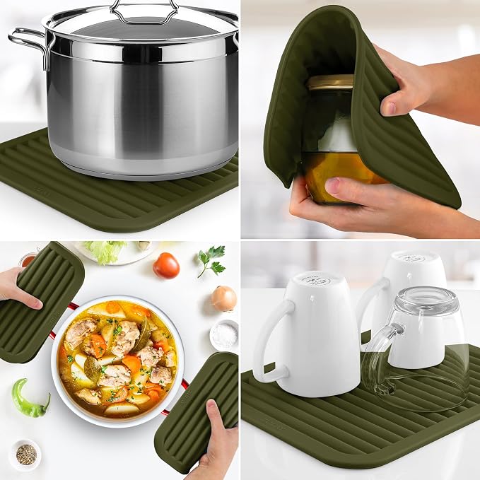 Zulay 2-Pack 9"x12" Silicone Trivets for Hot Pots & Pans – Heat-Resistant, Non-Slip Trivet Mats – Durable, Flexible, Multi-Purpose Hot Pads for Kitchen Counter & Table - Olive Green