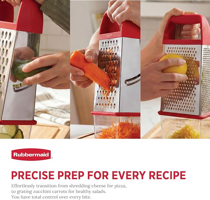 Rubbermaid EZ Grip Box Grater, Stainless Steel Cheese Grater & Container - BPA Free Multi-Surface Cheese Shredder & Food Grater for all Vegetables | Graters for Kitchen -Non-Slip Base, Dishwasher Safe