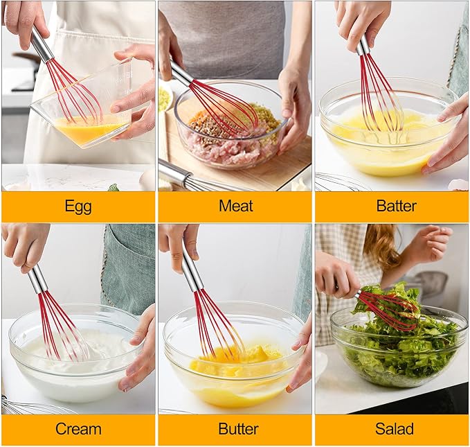 Silicone Whisk, Sturdy Color Balloon Line Whisk Set of 3 Pieces, Upgraded Kitchen Mixer, Stainless Steel Handle, Chef's Best Kitchen Tools for Cooking, Stirring, Mixing, Battering, Stirring