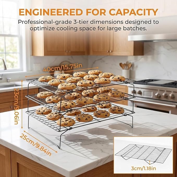 Collapsible Cooling Rack, Stainless Steel Rack for Cookie Baking (3-TIER) | Wire Cooling Rack for Baking, Cookies, Cake, Fruit, Bread,Roasting, Grilling, Drying Rack, Dishwasher Safe