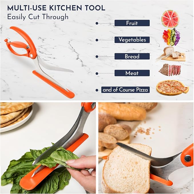 Pizza Scissors - Non-Stick Pizza Scissors with Firm Grip Base - Food Grade Stainless Steel Pizza Cutter - 5-in-1 Food Slicer & Pizza Server - Durable, Safe & Mess Free - Orange