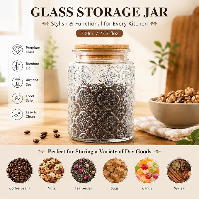 Glass Storage Jars With Airtight Lid, 23.7oz Canister For Kitchen Counter with Bamboo Lid, brown sugar, candy, coffee, cookie, salt, tea,pantry cute Jar (Begonia Flowers*1)