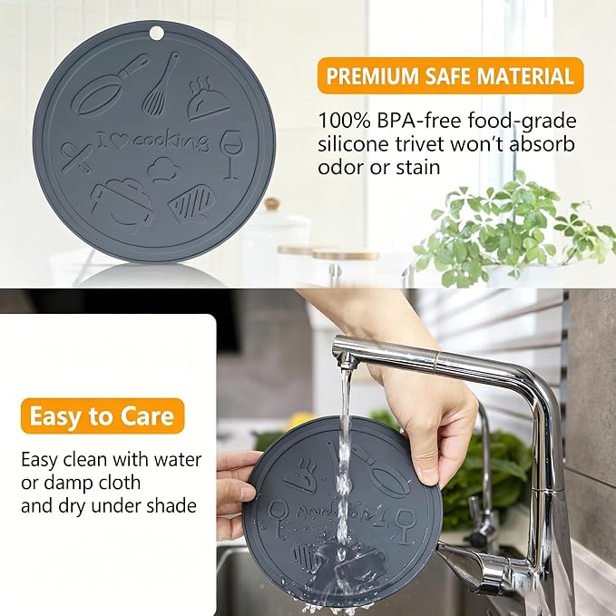 Silicone Trivet Mats - 3 Heat Resistant Pot Holders, Non-Slip Hot Pads for Kitchen, Food Grade Silicone, BPA Free, Easy to Wash (Dark Gray 4 piece)