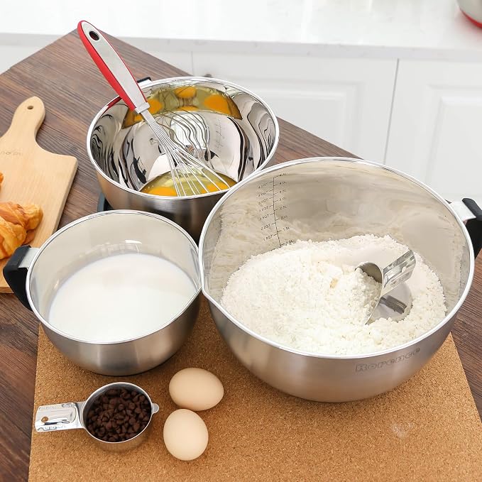 Rorence Stainless Steel Mixing Bowls Set: Metal Mixing Bowl with Lids and Handles Non-slip Silicone Bottom Nesting Bowls for Kitchen Set of 3