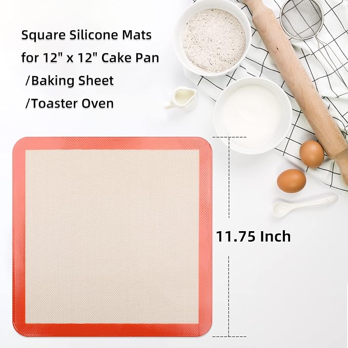 AMYONE 12x12 Square Silicone Baking Mats for XL Air Fryer, Platinum, 2PCS | Fits 12x12 Baking Pan/XL Air Fryer; for Cake/Chicken/Steak Bites/Bacon/Salmon/Vegetables; Nonstick Food Grade Silicone