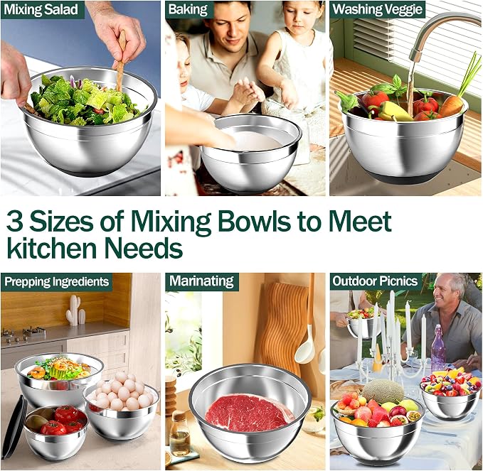 Mixing Bowls with Airtight Lids, Stainless Steel Mixing Bowl Set with 3 Nesting Kitchen Metal Bowls, Colander & Grater, Non-Slip Bottoms, Size 1.5, 2.5, 5 QT, Great for Mixing & Serving, Black