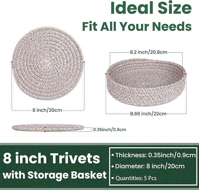 8 Inch Trivets for Hot Dishes, Hot Pots and Pans, Thick Heat Resistant Large Coaster for Kitchen, Hot Pads, Kitchen Essentials, Kitchen Decor for Table & Countertop with Storage Basket, 5 Pcs