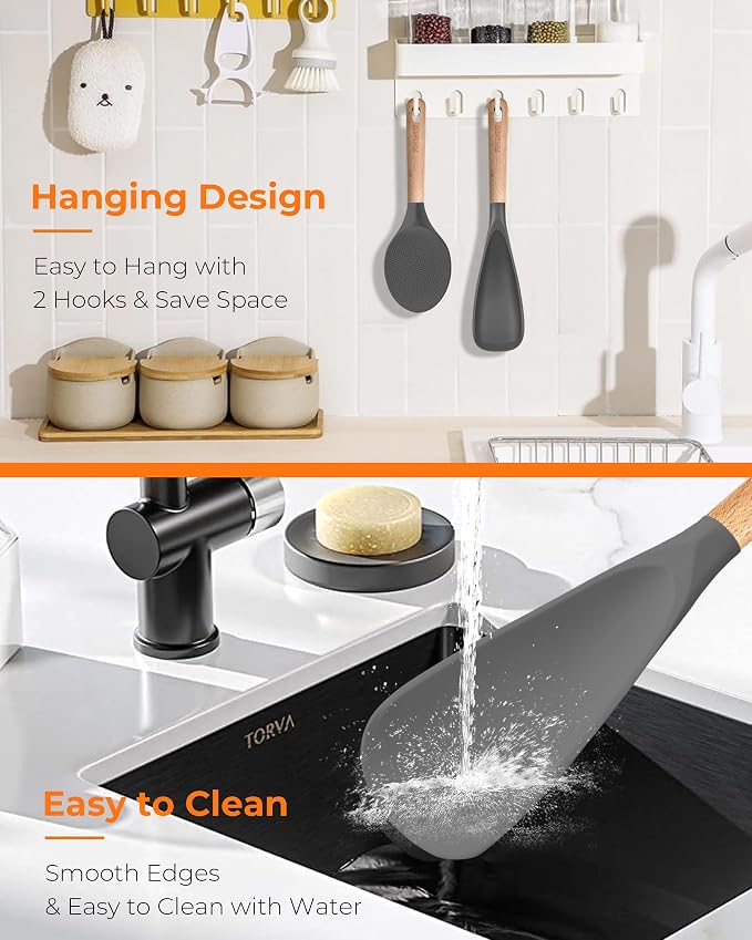 Cooking Spoon Multifunction Spoonula Silicone Spatula Spoon 2-Pack, Dual-Use Heat Resistant 446°F, BPA-Free Non-Toxic Wooden Handle Rice Spoon Set for Non-Stick Cookware & Rice Cookers (Gray)